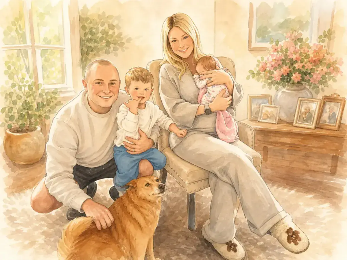 An illustrated watercolour portrait of the Sundayfawn family - two parents, a young boy, a baby girl, and the family dog in a sunlit living room.