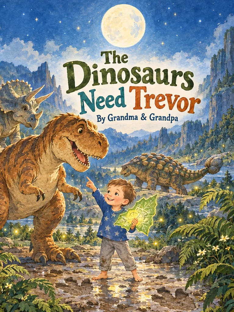 Illustrated digital cover: The Dinosaurs Need Trevor