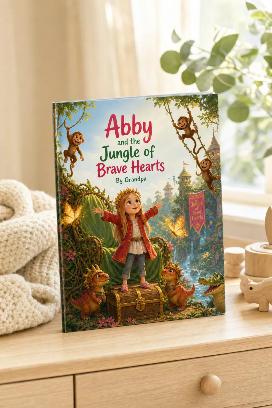 The Night the Jungle Moved In — a personalized Sundayfawn hardcover staged in a warm nursery