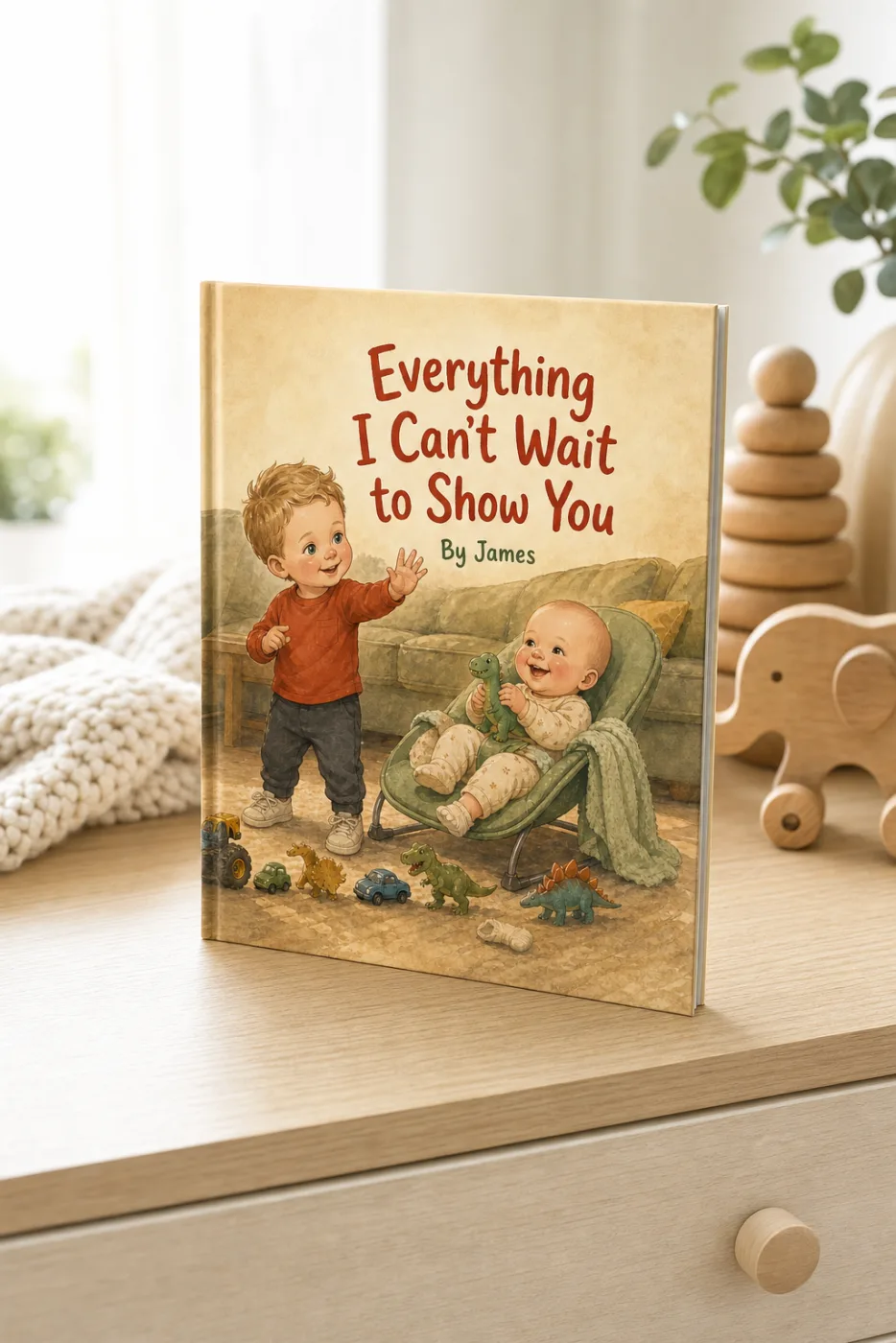 Everything I Can't Wait to Show You — a personalized Sundayfawn hardcover staged in a warm nursery