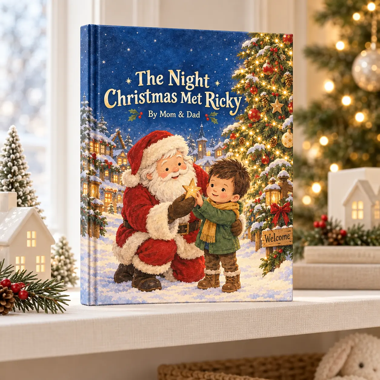 The Night Christmas Met Ricky — styled mockup of the matte hardcover in warm Christmas light