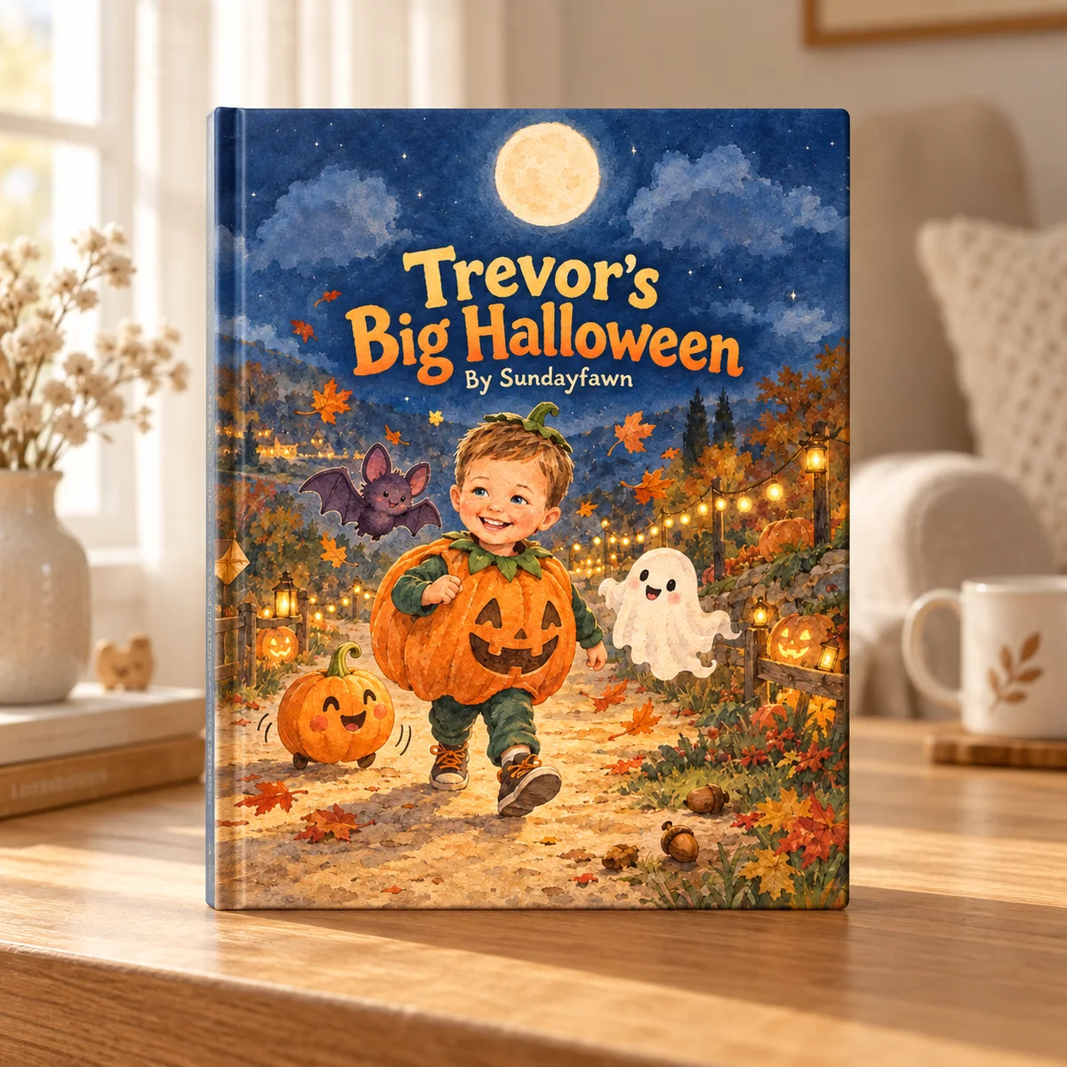 Trevor’s Big Halloween — styled mockup of the matte hardcover in a warm nursery