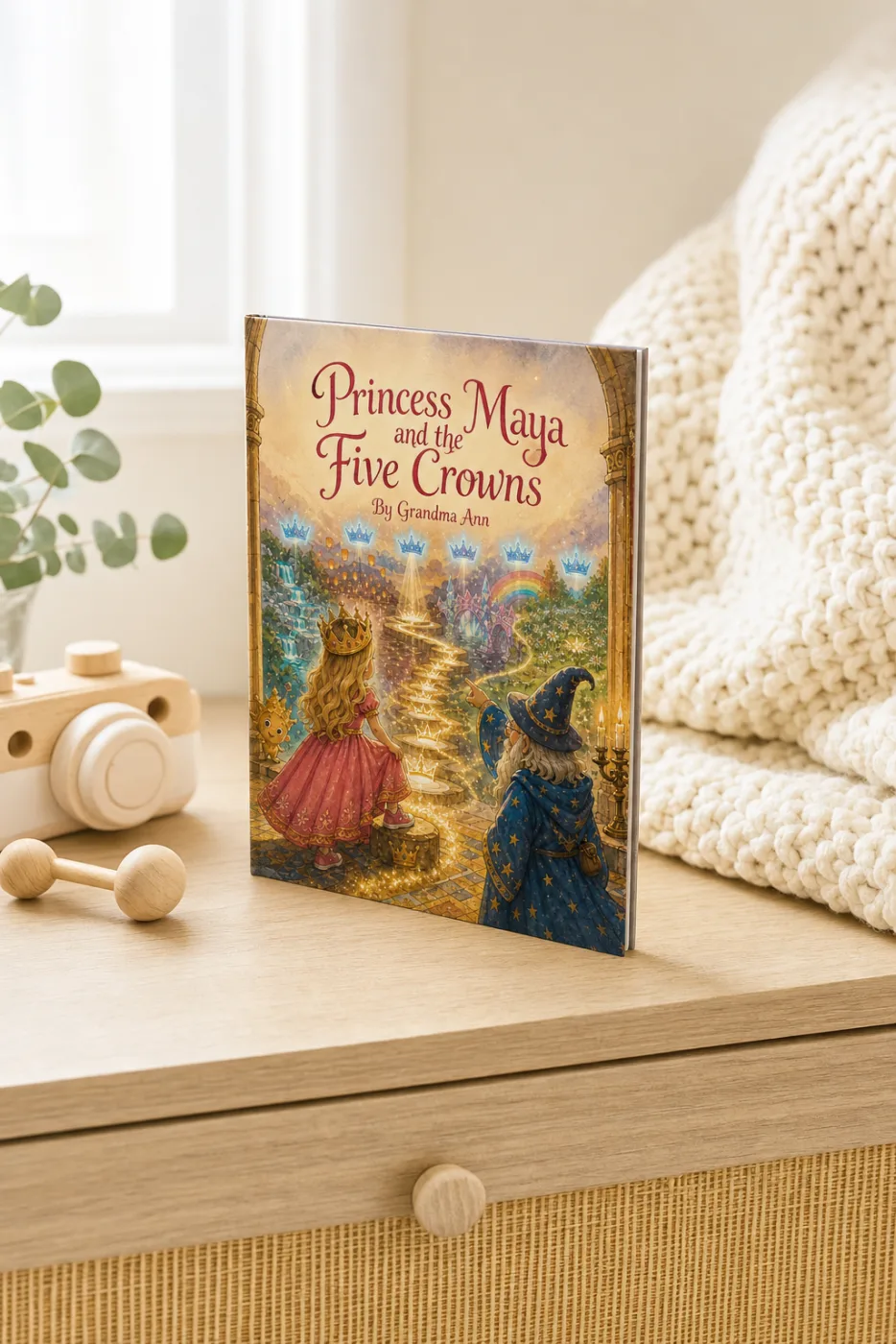 Princess & the Five Crowns — a personalized Sundayfawn hardcover staged in a warm nursery