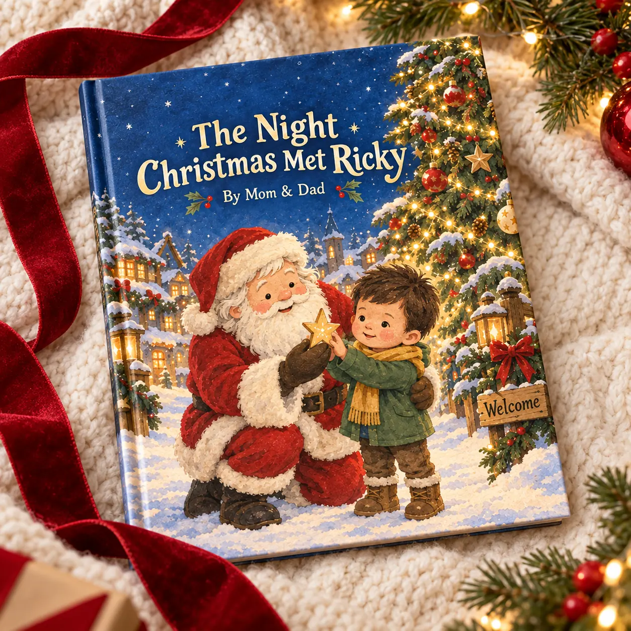 The Night Christmas Met Ricky — styled Christmas gift mockup of the personalized hardcover