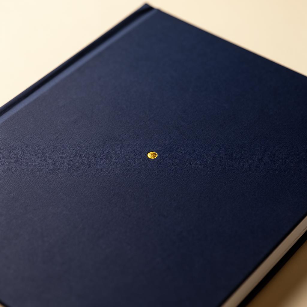Macro detail of a single gold foil mark stamped into a navy hardcover book cover.