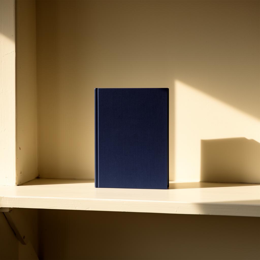 A single navy hardcover book on a cream-painted shelf in soft afternoon light.