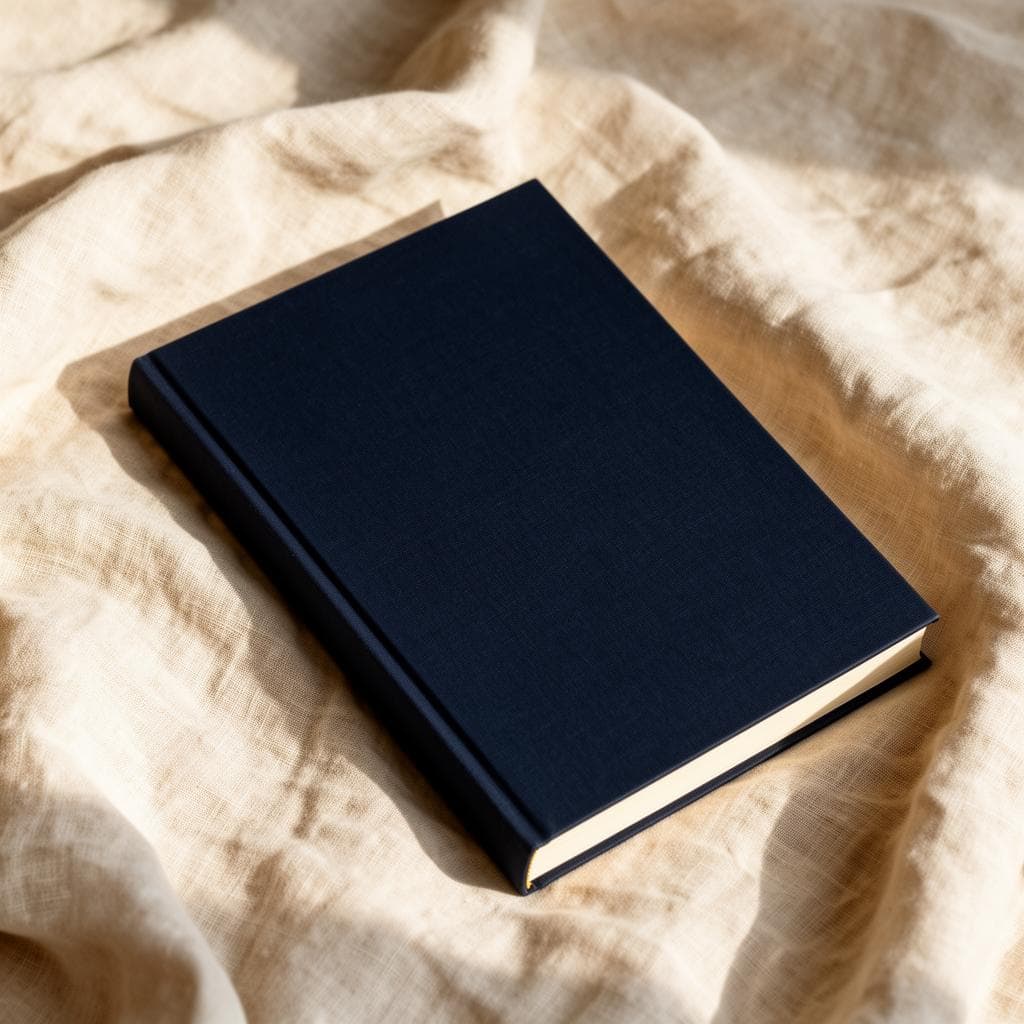 A closed navy hardcover book lying on folded oatmeal linen, photographed top-down.