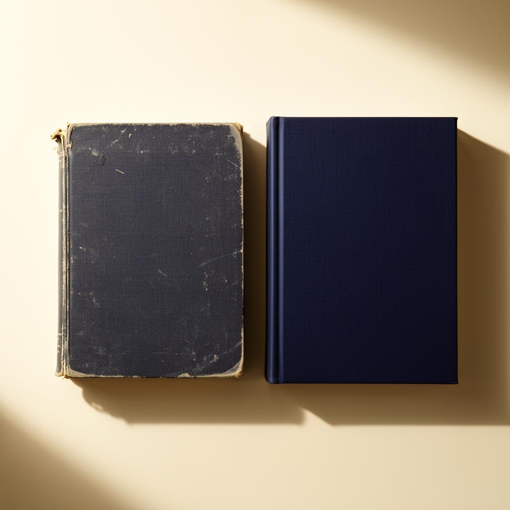 Two navy hardcover books, one weathered and one new, resting beside each other on a cream surface.