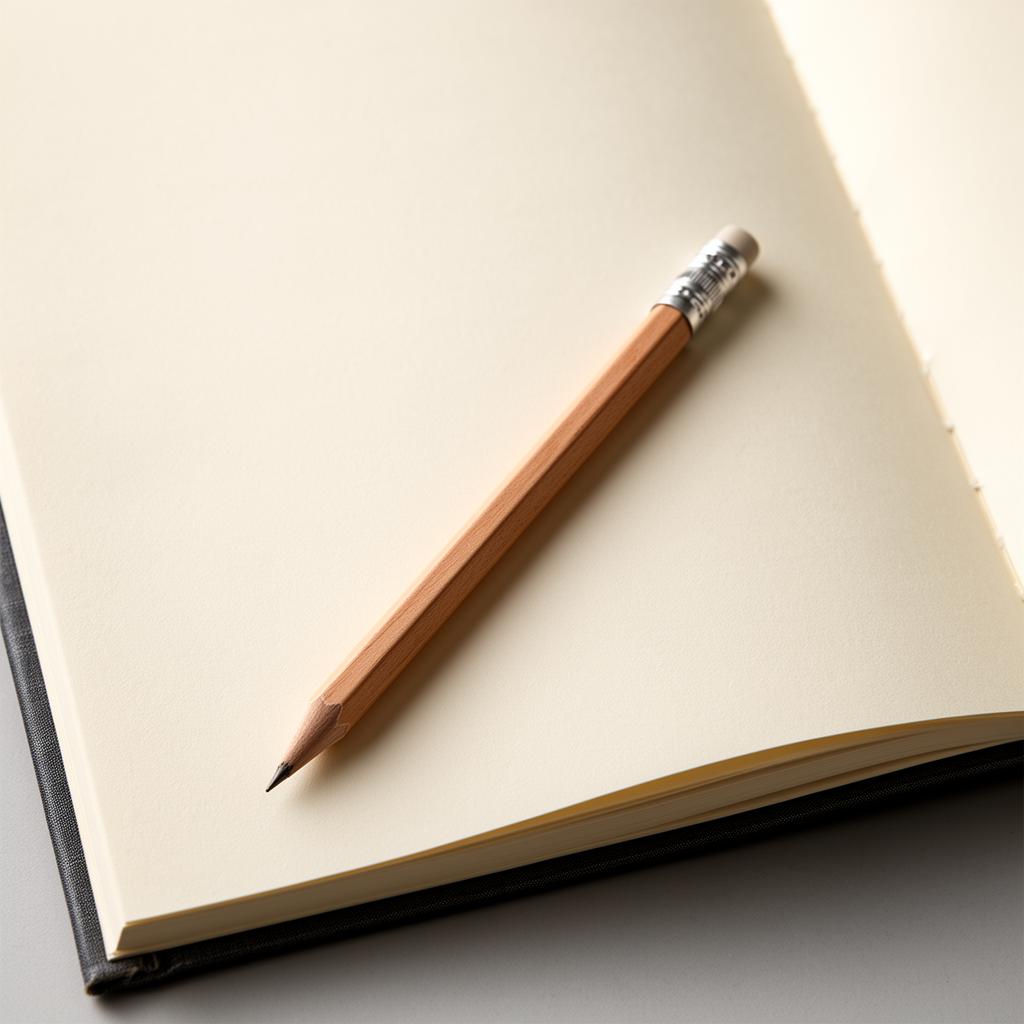 A sharpened wooden pencil lying diagonally across the blank cream endpaper of an open hardcover book.