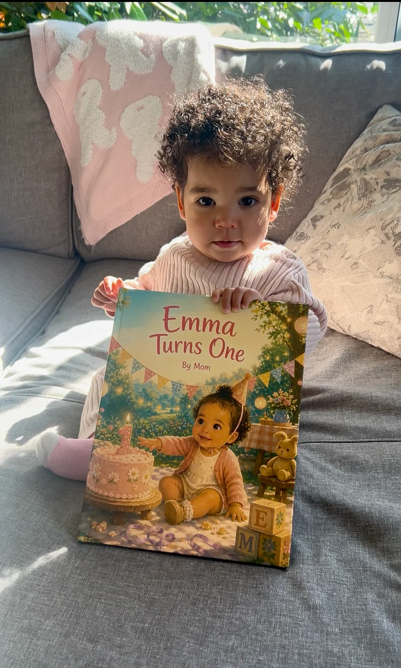 Emma holding her printed Emma Turns One book, with her illustrated likeness and name on the cover