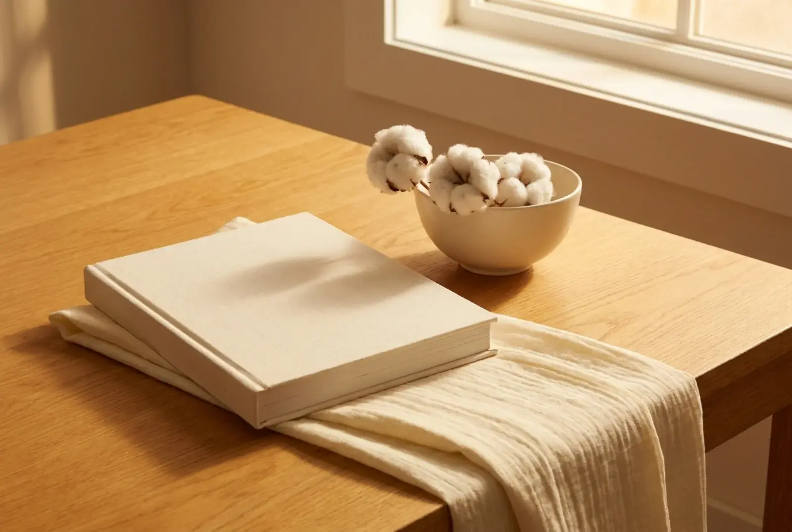 A small stack of cream-toned hardcover picture books on a wooden bedside table beside a brass reading lamp casting warm evening light against a pale linen wall.