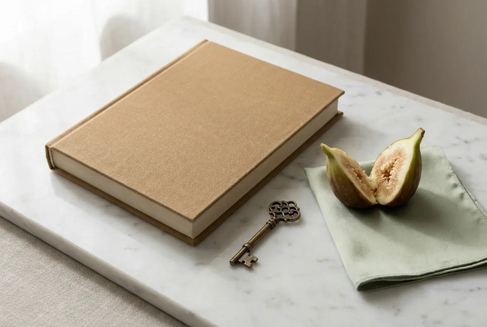 A small stack of cream-toned hardcover picture books on a pale oak shelf beside a wooden figure and a porcelain mug, north-window light falling across the spines.