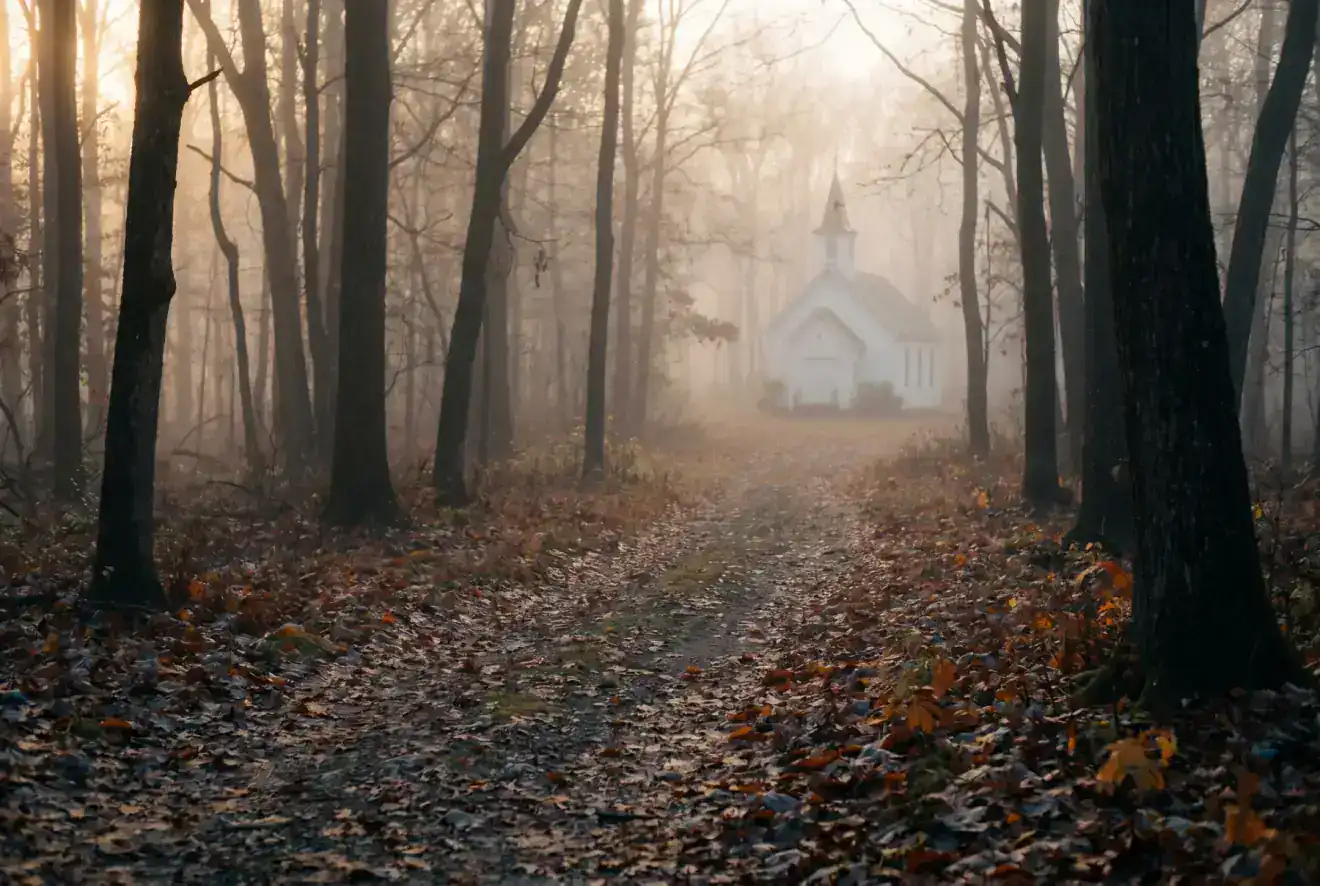 A wooded path at dawn with low mist between the trees, a small white chapel visible in the distance through bare branches — the morning of a celebration of life walk.