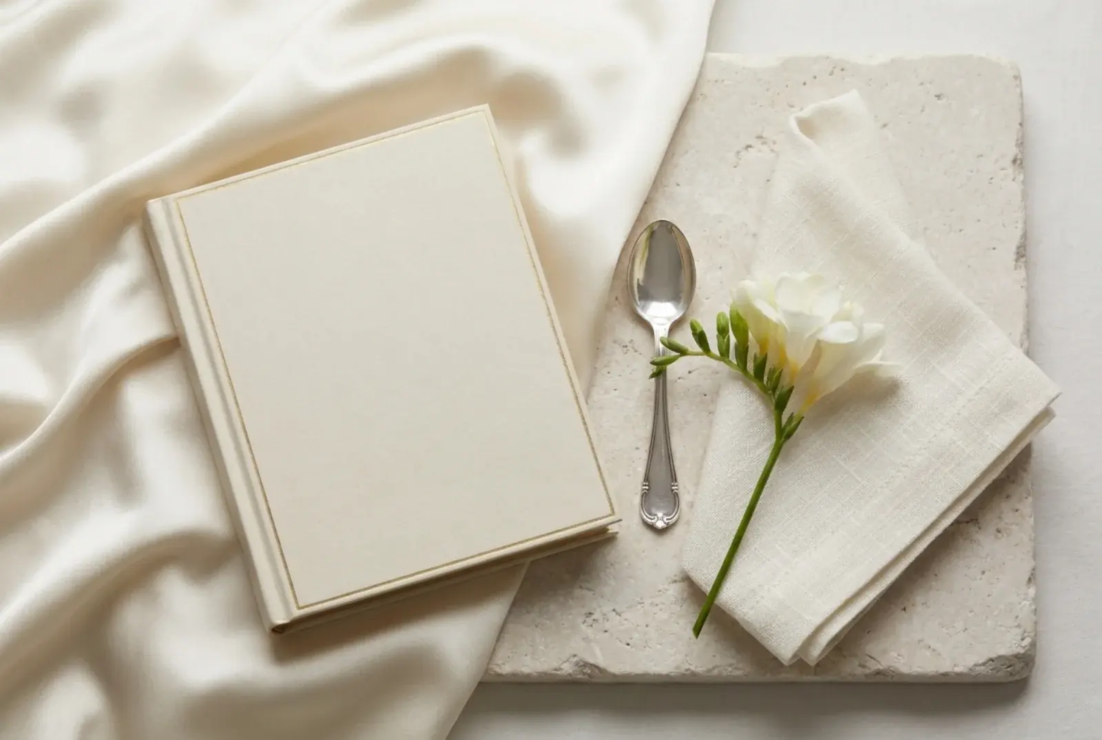 A small silver christening cup engraved with a single initial, set on a cream linen cloth beside a hardcover book and a folded white linen gown in soft window light.