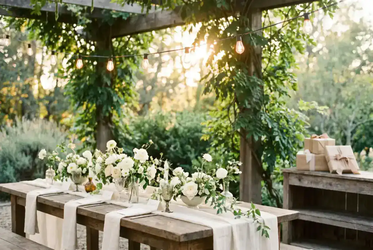 An early-evening outdoor engagement party with a long wooden table, linen runner, white roses, place cards, wrapped presents on a side console, and string lights overhead.