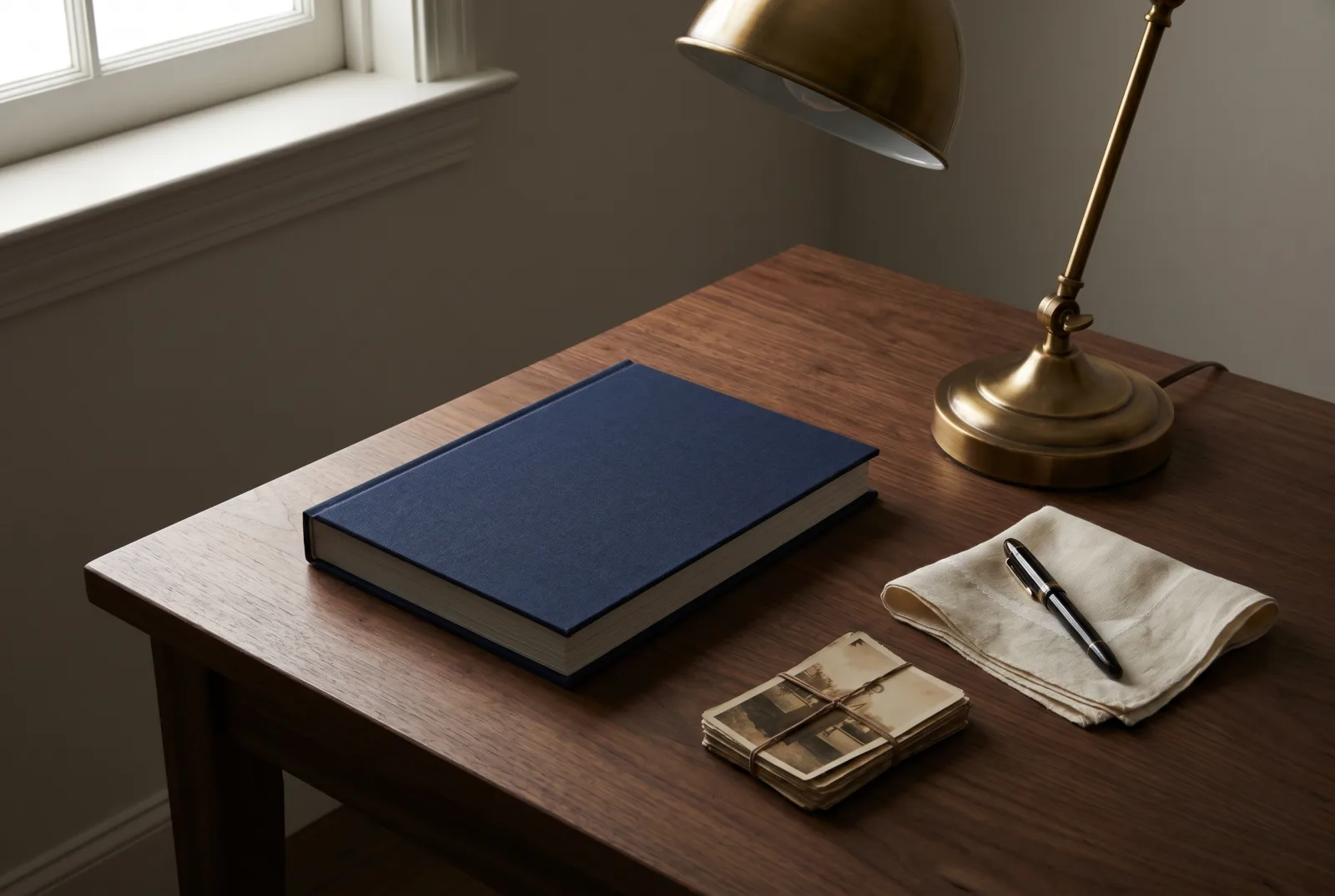 A navy hardcover book closed flat on a walnut desk beside a brass desk lamp, a fountain pen on a folded handkerchief, and a small stack of face-down photographs.