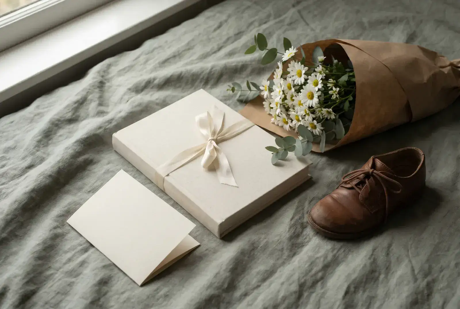A cream hardcover book tied with silk ribbon beside a face-down handwritten note, a small bouquet of daisies in brown paper, and a child's leather oxford on sage linen.