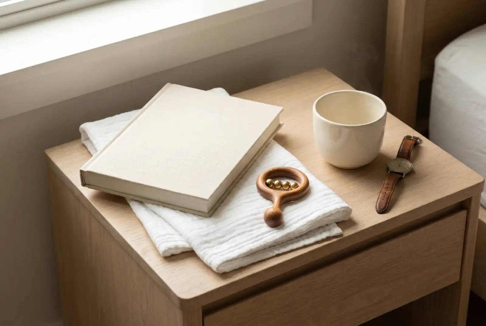 A cream hardcover storybook on a folded muslin swaddle beside a wooden rattle, ceramic coffee cup, and worn leather watch in early-morning window light.