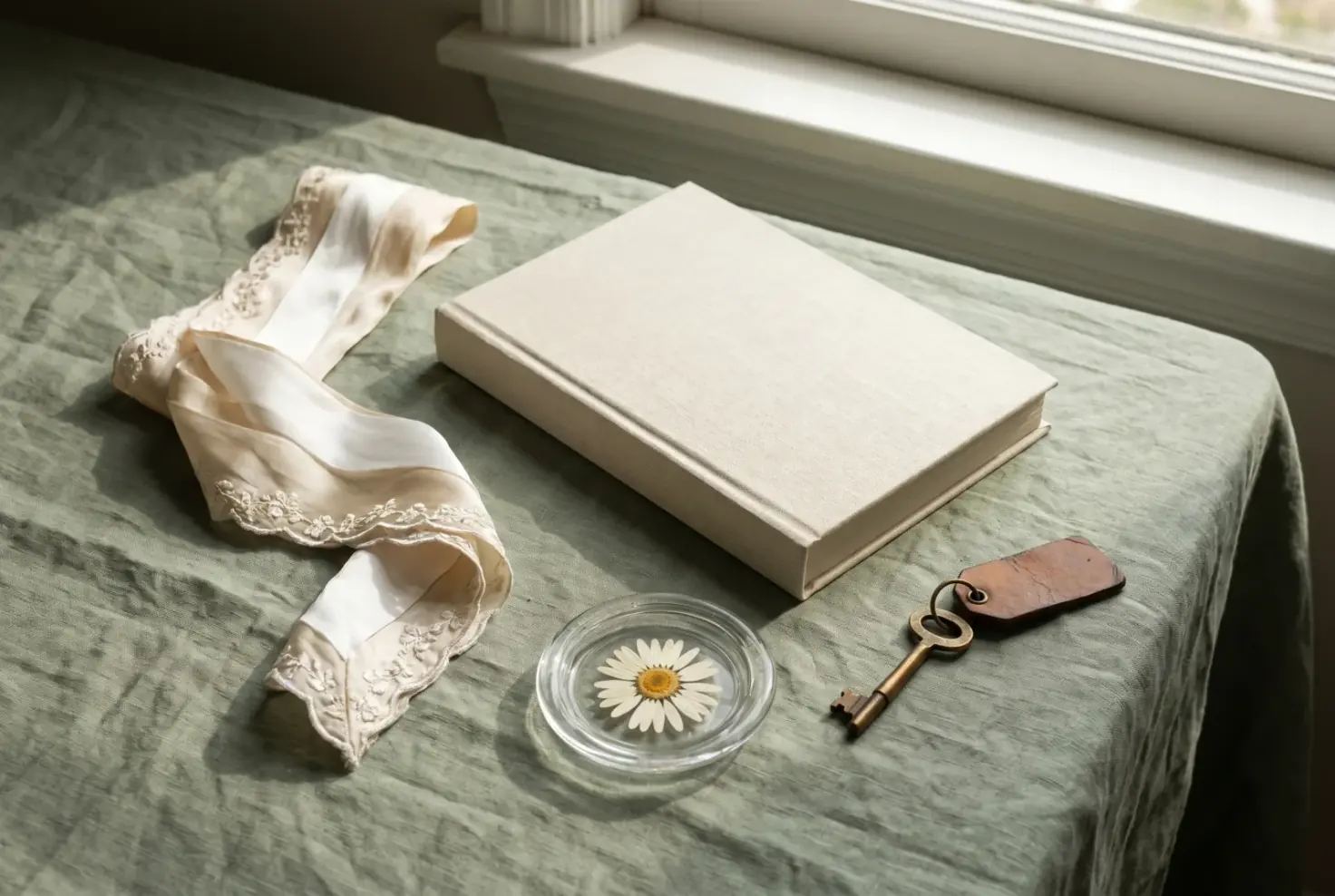 A cream hardcover book on sage linen beside a folded silk gown sash, a pressed daisy in a small glass dish, and a brass key on a leather tag in afternoon light.
