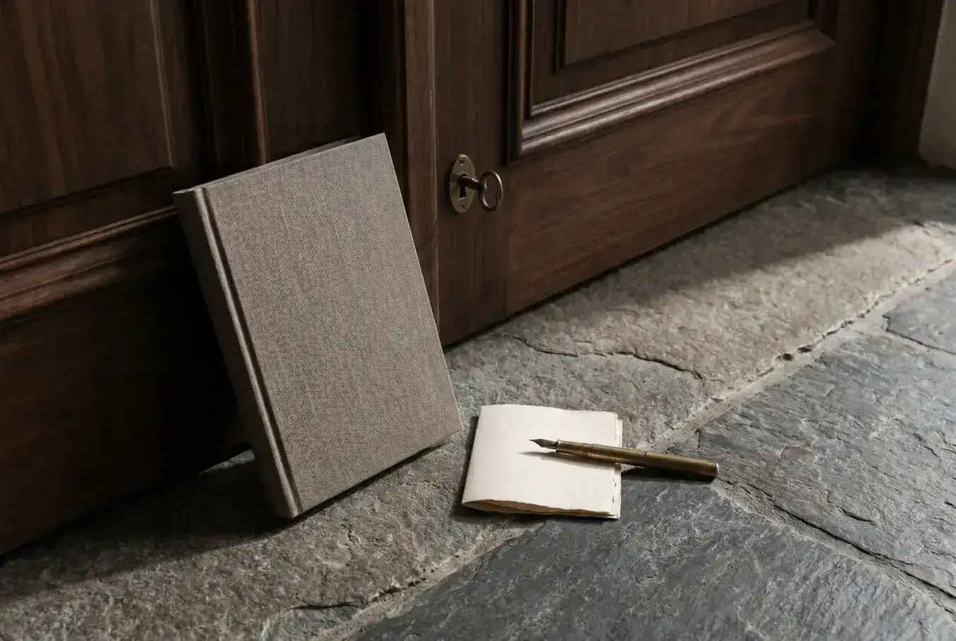 A hardcover book against a closed walnut door with a brass key in the lock beside a folded square of cream paper and a fountain pen on a slate floor.