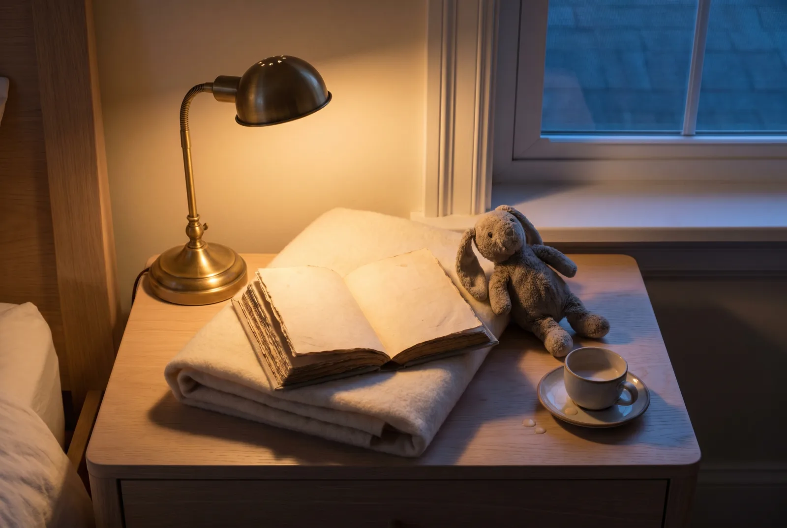 A child's bedside still life: open hardcover storybook on a folded wool blanket beside a small brass reading lamp, a stuffed rabbit, and a ceramic cup in warm evening light.