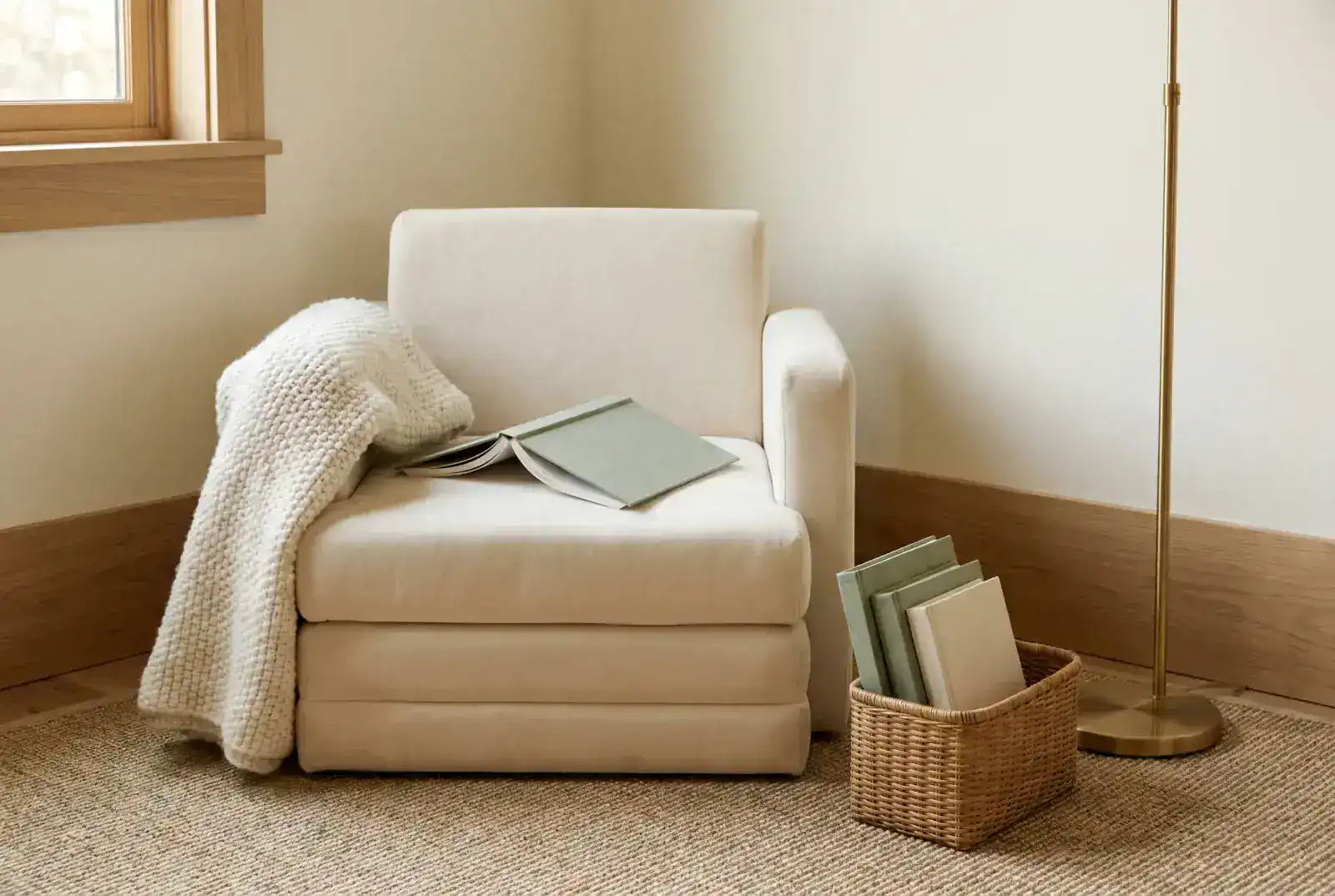 A child's reading nook in soft afternoon light: a folded velvet armchair, an open hardcover storybook on the seat, a basket of more books, and a wool blanket — no screens visible.