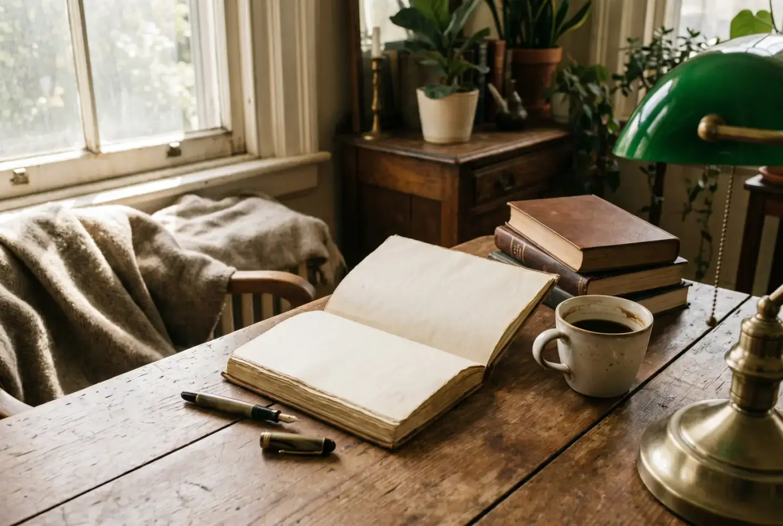 A blank cream-paged journal open on a worn writing desk beside a fountain pen and a half-finished coffee mug, with pale morning light falling from a window.