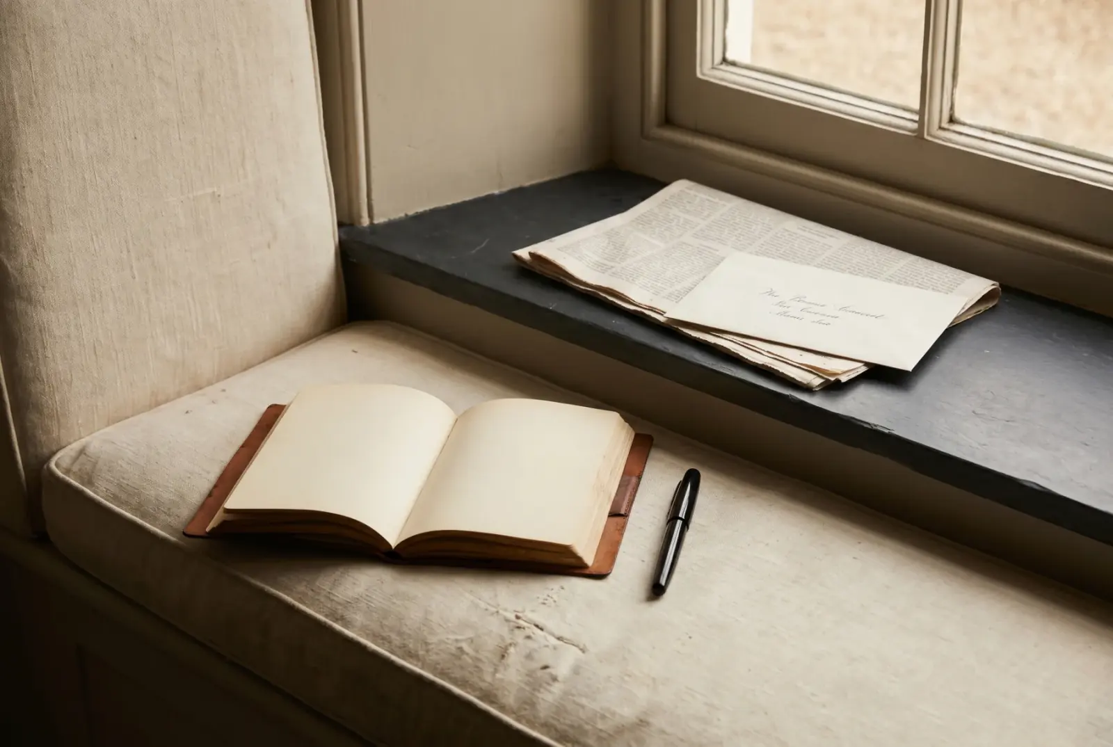 A leather-bound notebook open on a window seat with a black-ink pen resting in the gutter, an addressed envelope to the local paper, the morning light flat and grey.
