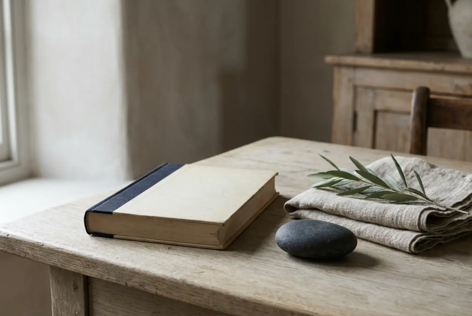 A matte hardcover book on a small oak shelf beside a folded navy wool jumper, a wooden Ostheimer figure, and a brass bedside lamp in soft window light.