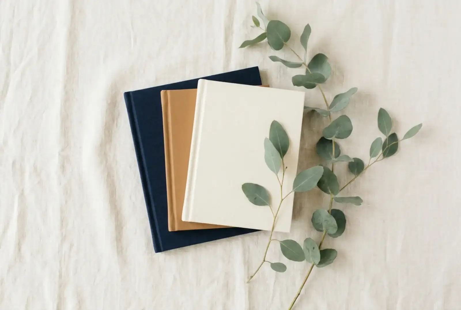 A matte hardcover book lying flat on a pale oak nursery shelf beside a small wooden figure and a folded muslin blanket, north-window light falling across the cover.