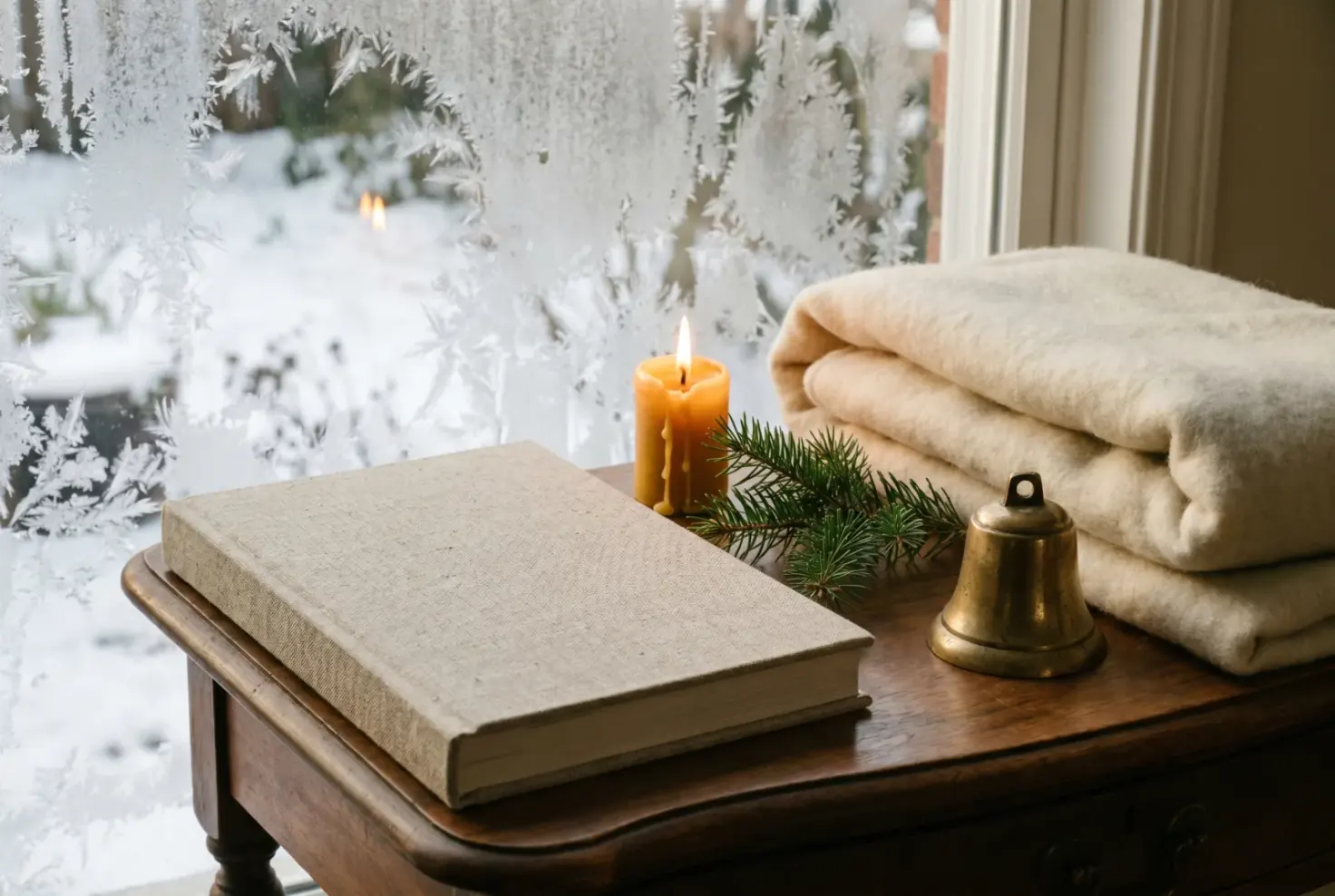 A storybook on a walnut side table beside a lit beeswax candle, a sprig of green spruce, a single brass bell, and a folded length of cream wool, with frost on the window.