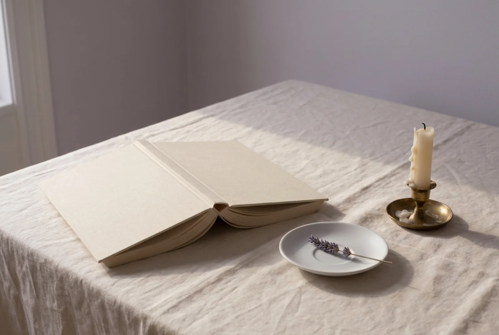 A matte hardcover book on a small wooden bedside table beside a brass reading lamp, a folded muslin blanket, and a pale ceramic cup of milk in warm evening light.