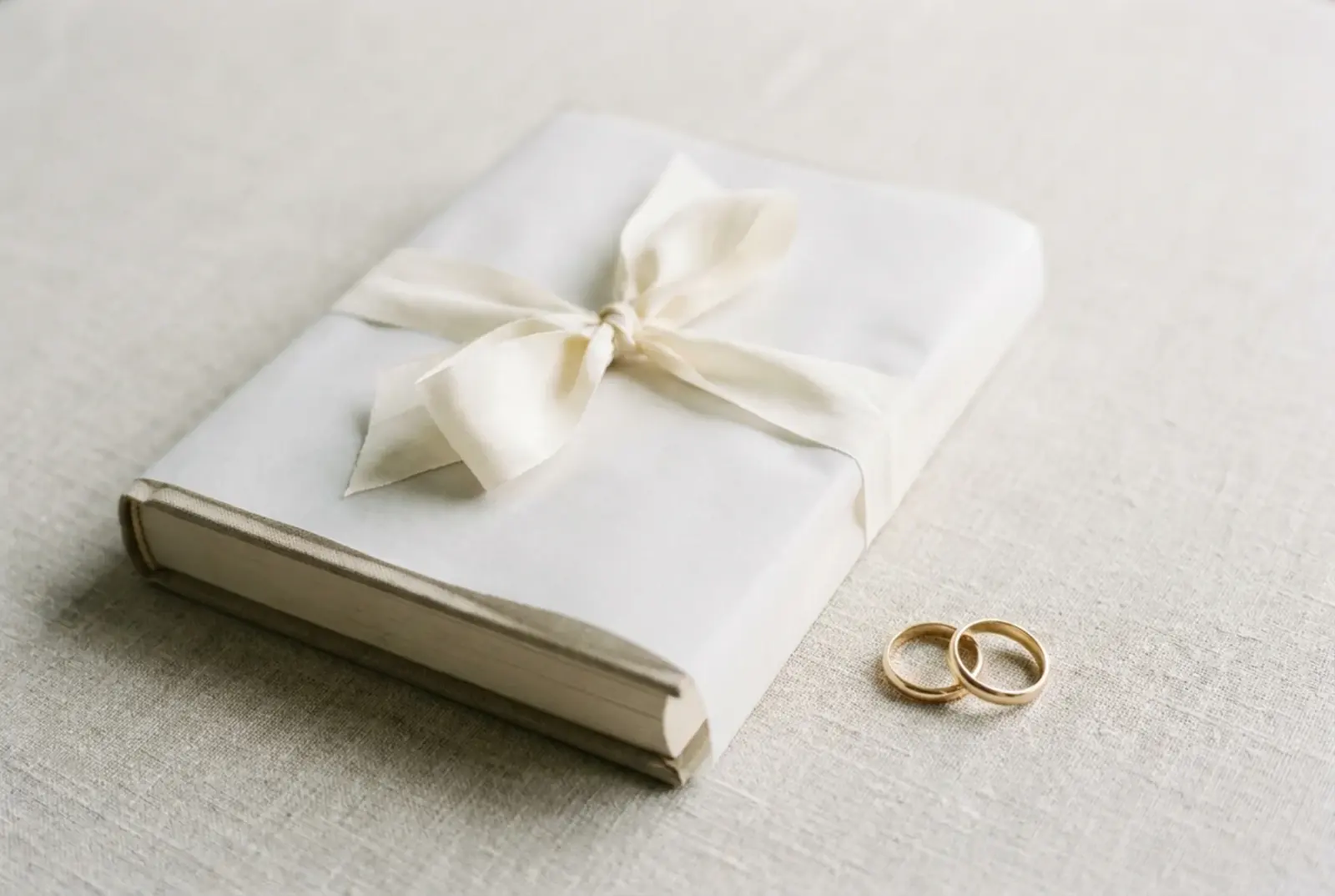 A matte-printed hardcover wedding storybook sitting on a quiet shelf among framed photographs — a personalized wedding gift that survives the day.
