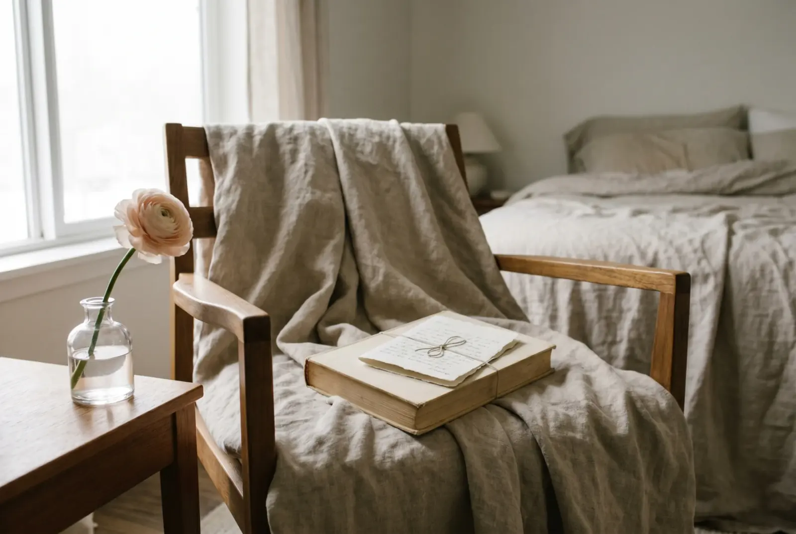 A cream hardcover book on a linen blanket folded over a bedroom chair, a single ranunculus stem in a clear vase, a folded note resting on the book, in soft morning light.