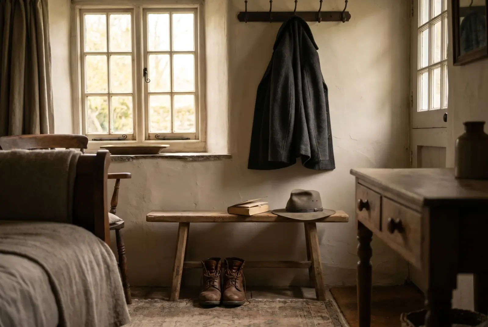 Well-worn leather work shoes under a wooden bench, with a folded wool coat on a peg above and a hardcover book and felt hat in warm window light.
