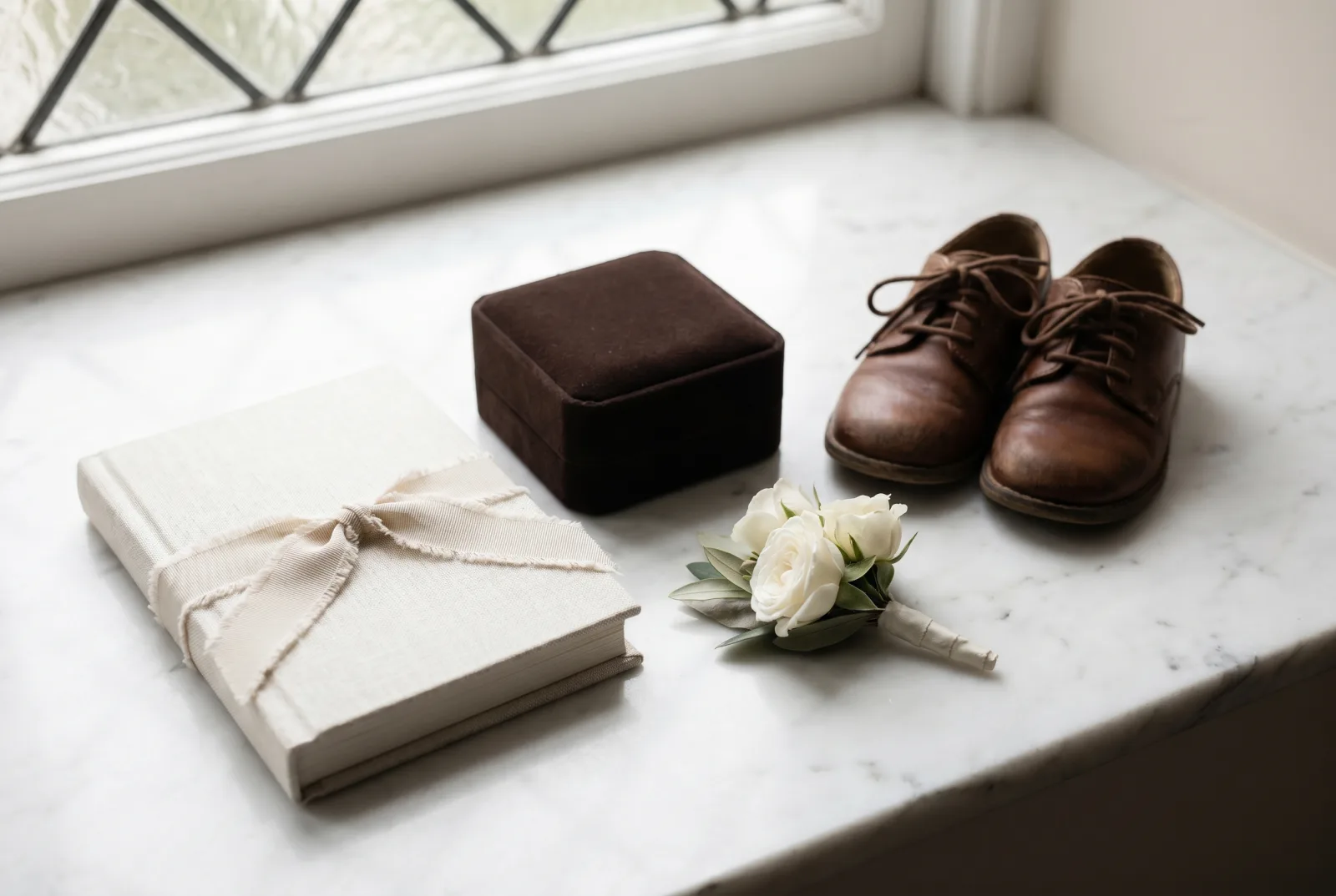 A small hardcover book tied with cream ribbon beside a closed velvet ring box, polished child's leather oxford shoes, and a folded boutonnière of white roses on marble.