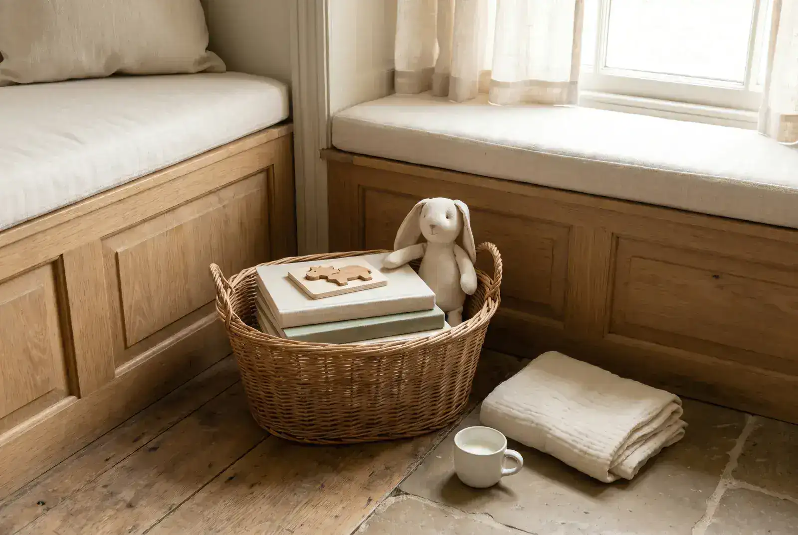 A wicker basket of hardcover storybooks beside a low oak window seat with a wooden puzzle and soft fabric rabbit — analog objects in morning light, no devices.
