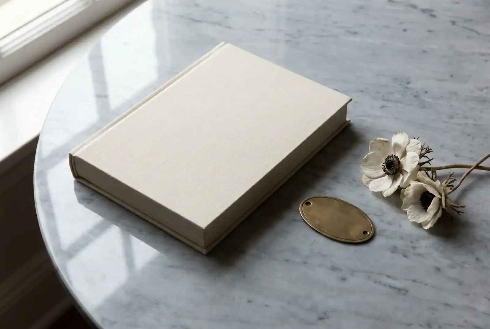 A matte hardcover book lying open on a walnut desk beside a stack of academic journals, a porcelain mug of tea, and a brass reading lamp in cool diffuse light.