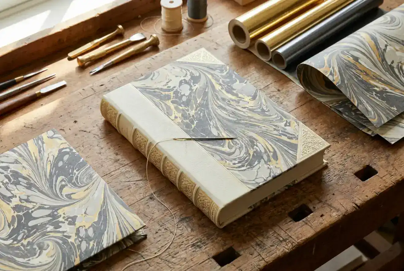 Behind the sundayfawn press: open studio sketches and a half-finished hardcover storybook on a studio table.
