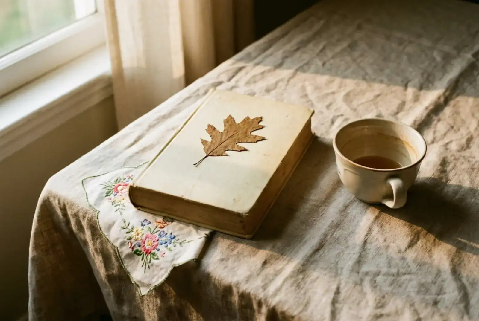 A navy hardcover anniversary storybook beside dried flowers and a folded letter on a linen table — a unique anniversary gift in soft window light.