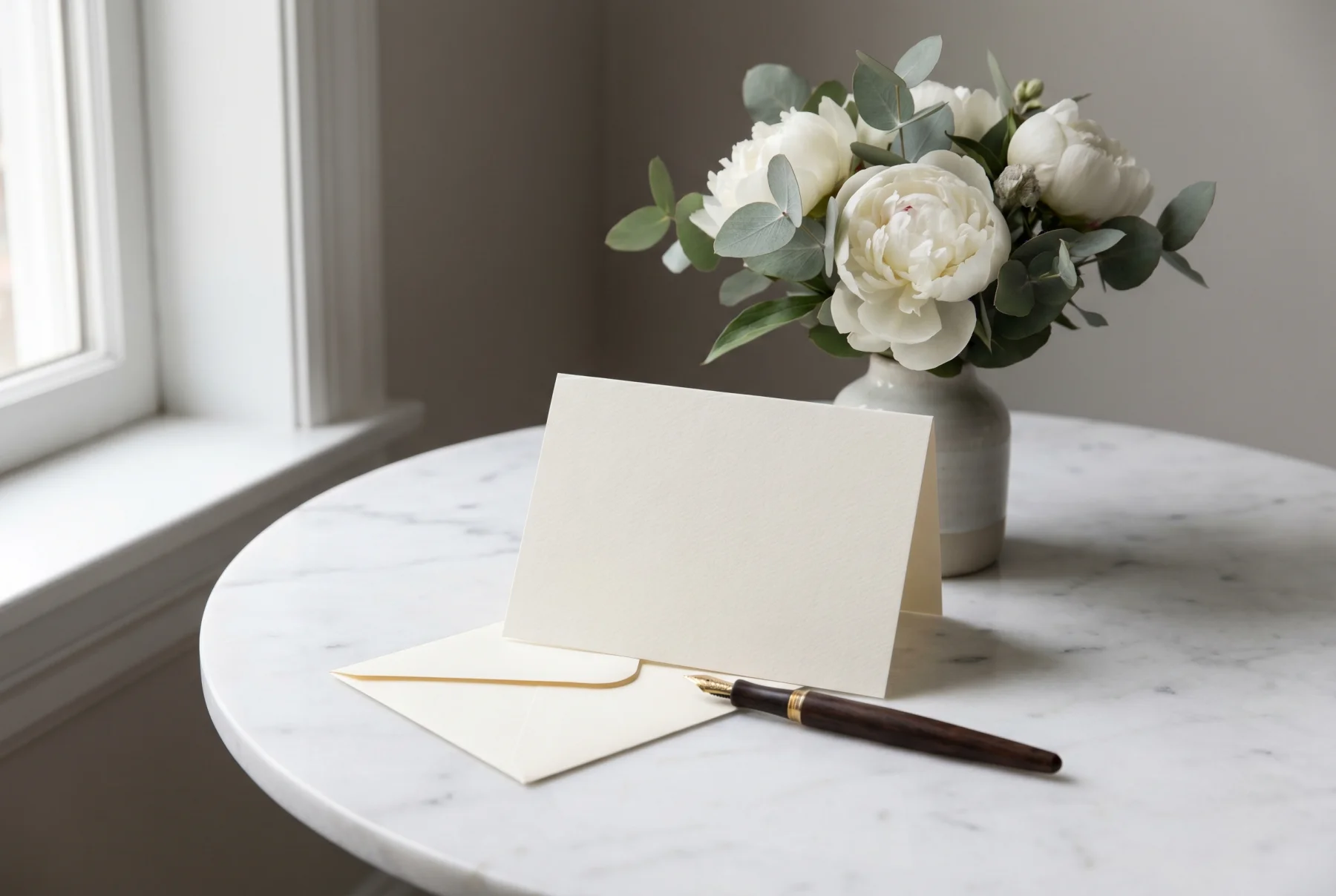 A folded sympathy card on a marble surface beside a small bundle of white peonies and eucalyptus, a black fountain pen capped, and a cream envelope ready to be sealed.