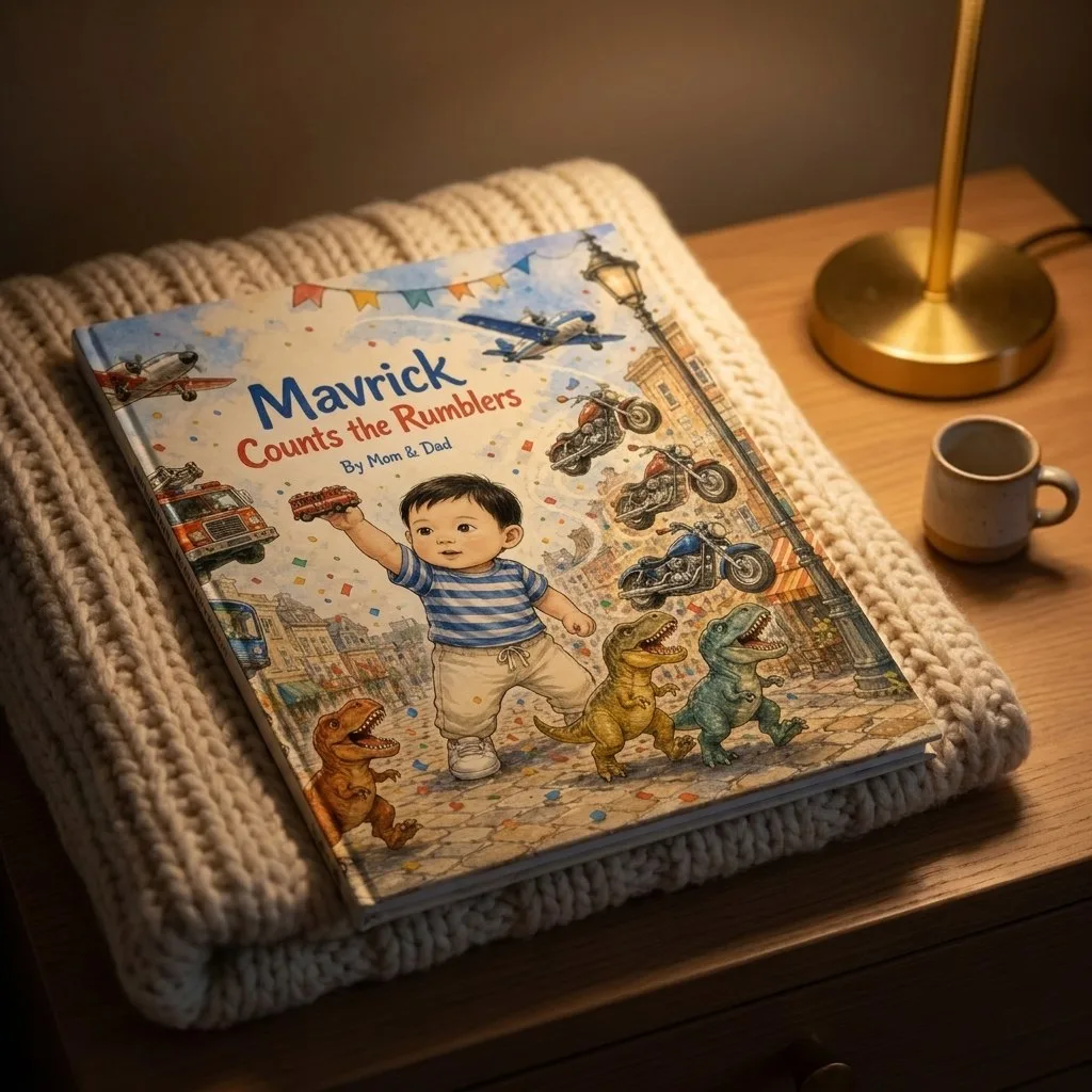 A custom Sundayfawn hardcover on a knit throw at bedside.