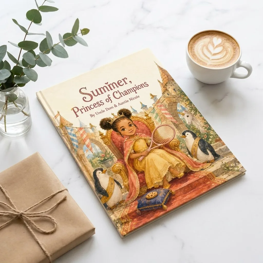A custom Sundayfawn hardcover beside eucalyptus and a latte.