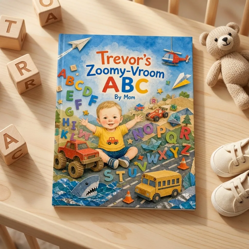 A custom Sundayfawn hardcover in a nursery with wooden blocks.